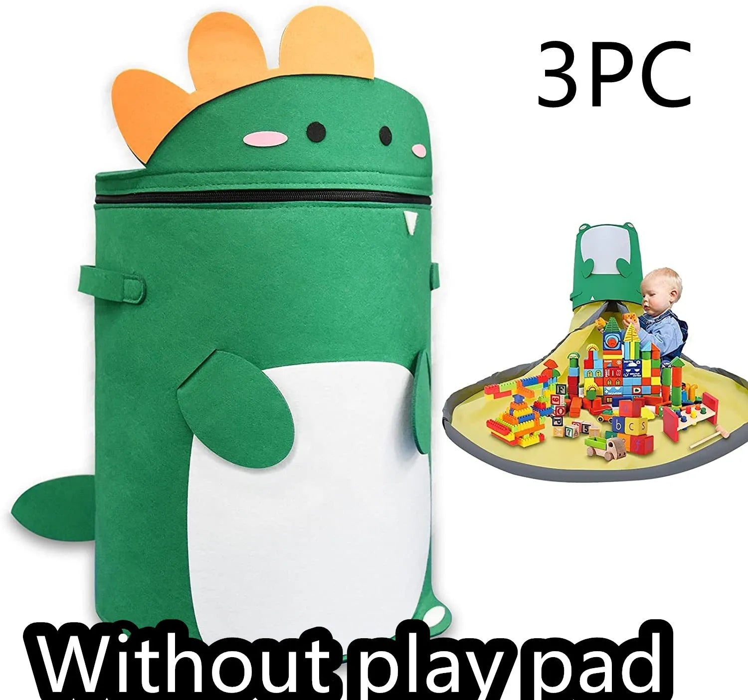 Green felt cube storage bag with pull rope that converts into a flat play mat for toys.