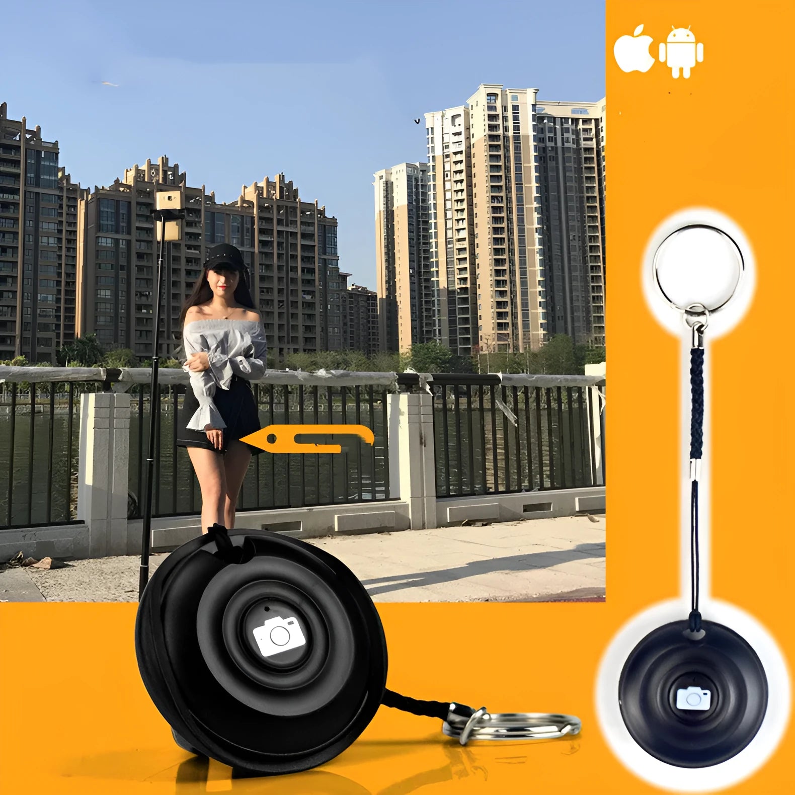 Black Snap Bluetooth remote control for wireless smartphone and camera photos.