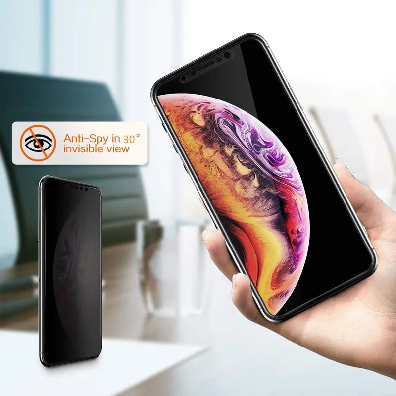 Black anti-peeping tempered glass screen protector for Apple iPhone with privacy protection features