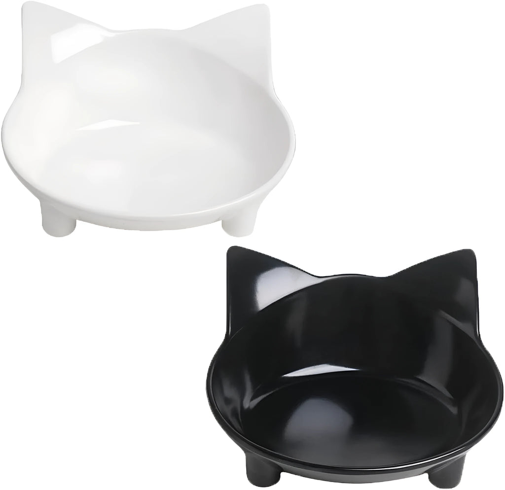 Set of four shallow melamine cat bowls with non-slip rubber bases in black and white