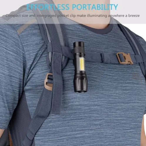Black aluminium telescopic LED flashlight with zoom adjustment and clip for carrying