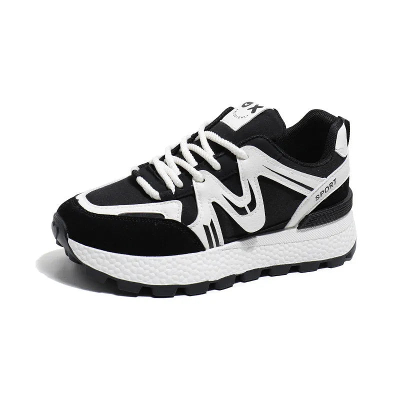 Women's solid colour platform sports casual shoes with round toe and lace-up fastening