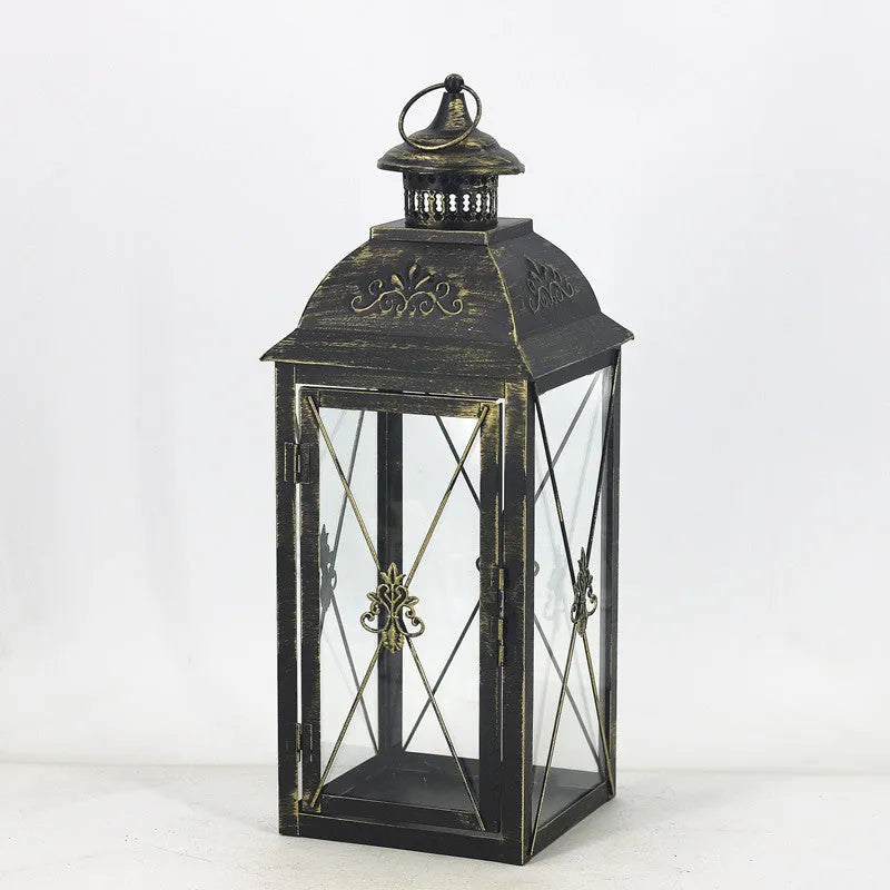 European style wrought iron floor-standing storm lantern with tempered glass panels for garden decoration