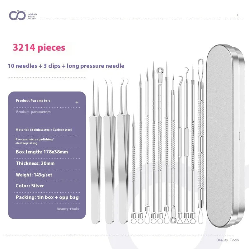 Four silver metal acne needles and a handling clip laid out on a clean surface.