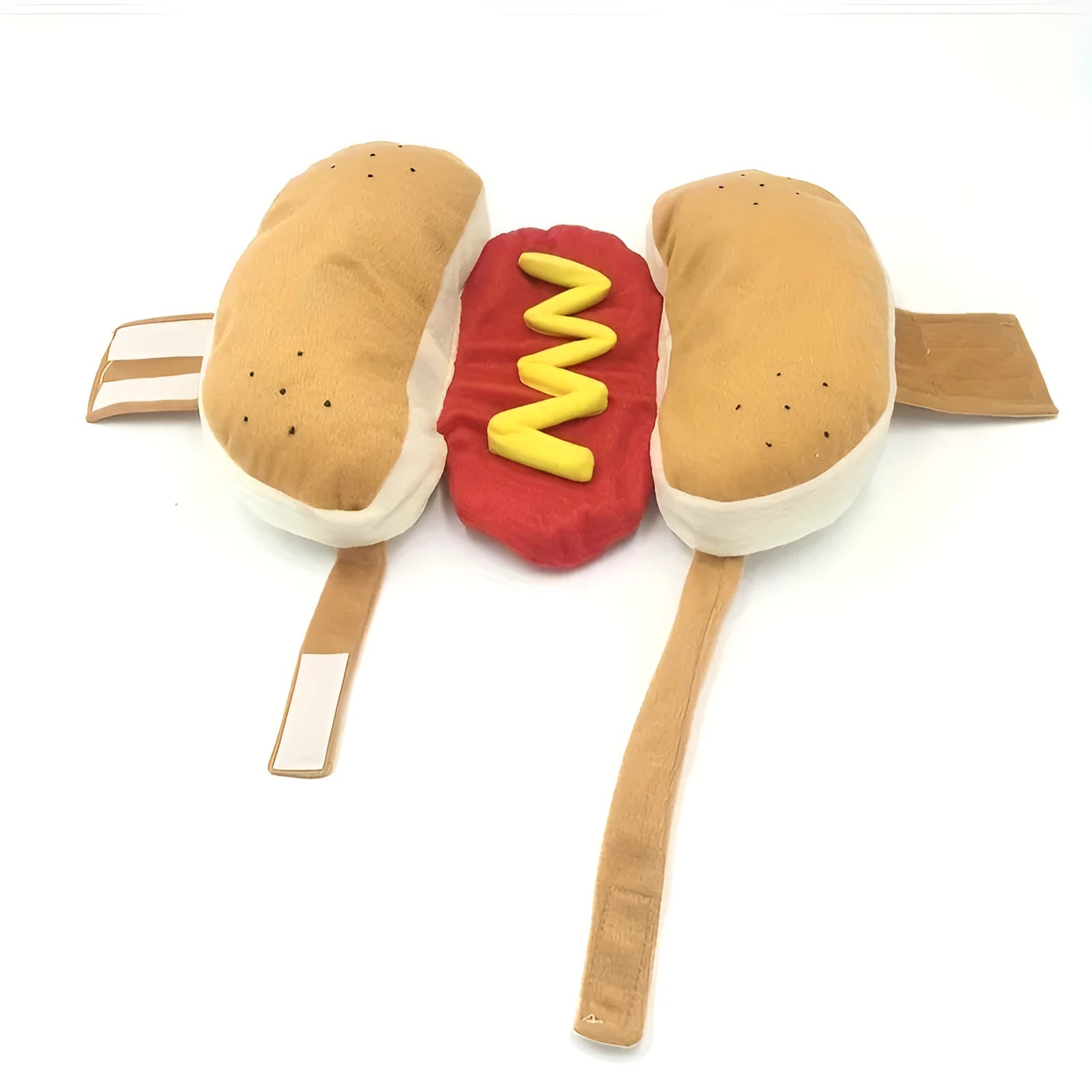 Hot dog costume on small dog with soft plush fabric and adjustable straps