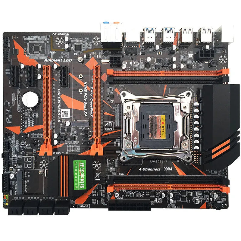 X99 computer motherboard with LGA2011-3 CPU socket, four DDR4 slots, PCI-E expansion, and rear I/O ports