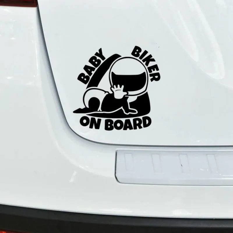 Black and white reflective Baby On Board vinyl car sticker for rear window, 14.5 by 15 cm