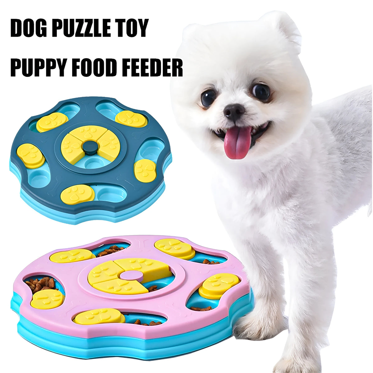 Blue dog puzzle feeder bowl with removable difficulty components for interactive slow feeding