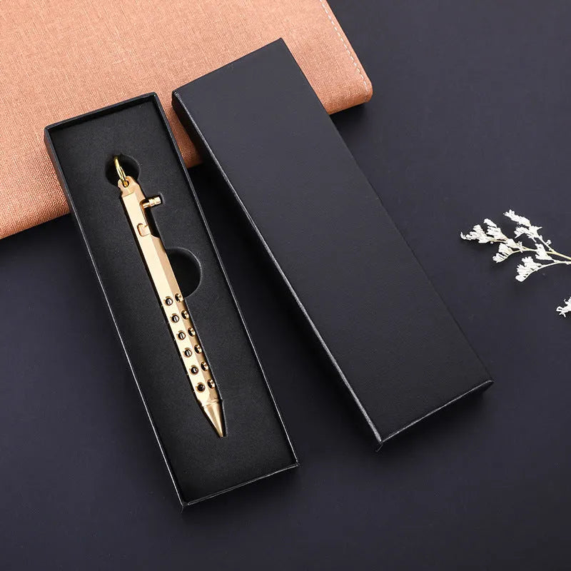 Solid brass hexagonal bolt roller pen showing its 6-angle design and 13cm length.