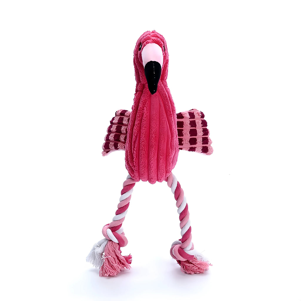 Pink animal-shaped corduroy dog toy with a squeaker inside on a white background.