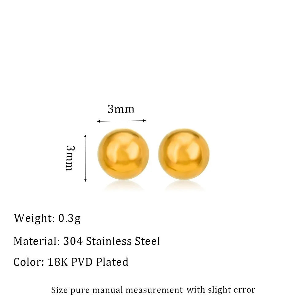 Minimalist 18K gold plated titanium steel ball stud earrings in 3mm, 4mm, 5mm, and 6mm sizes for women.