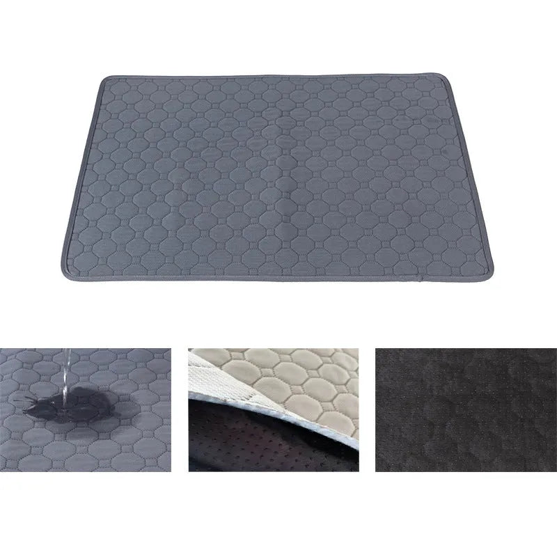 Set of two neutral-coloured washable dog pee pads on a wooden floor.