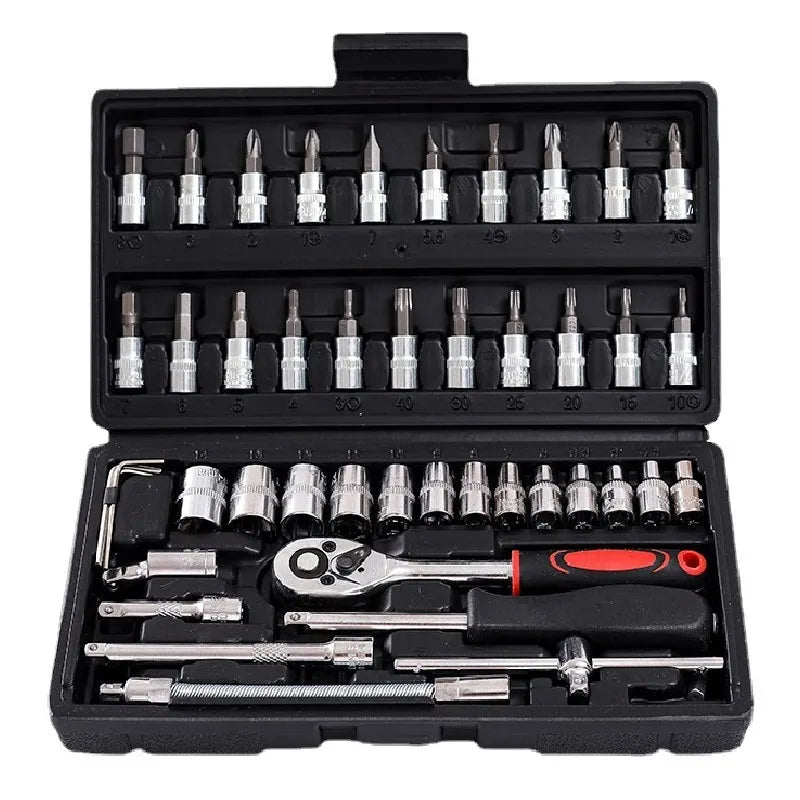 Chromium vanadium steel socket ratchet wrench set with nickel plating for home and auto repair.