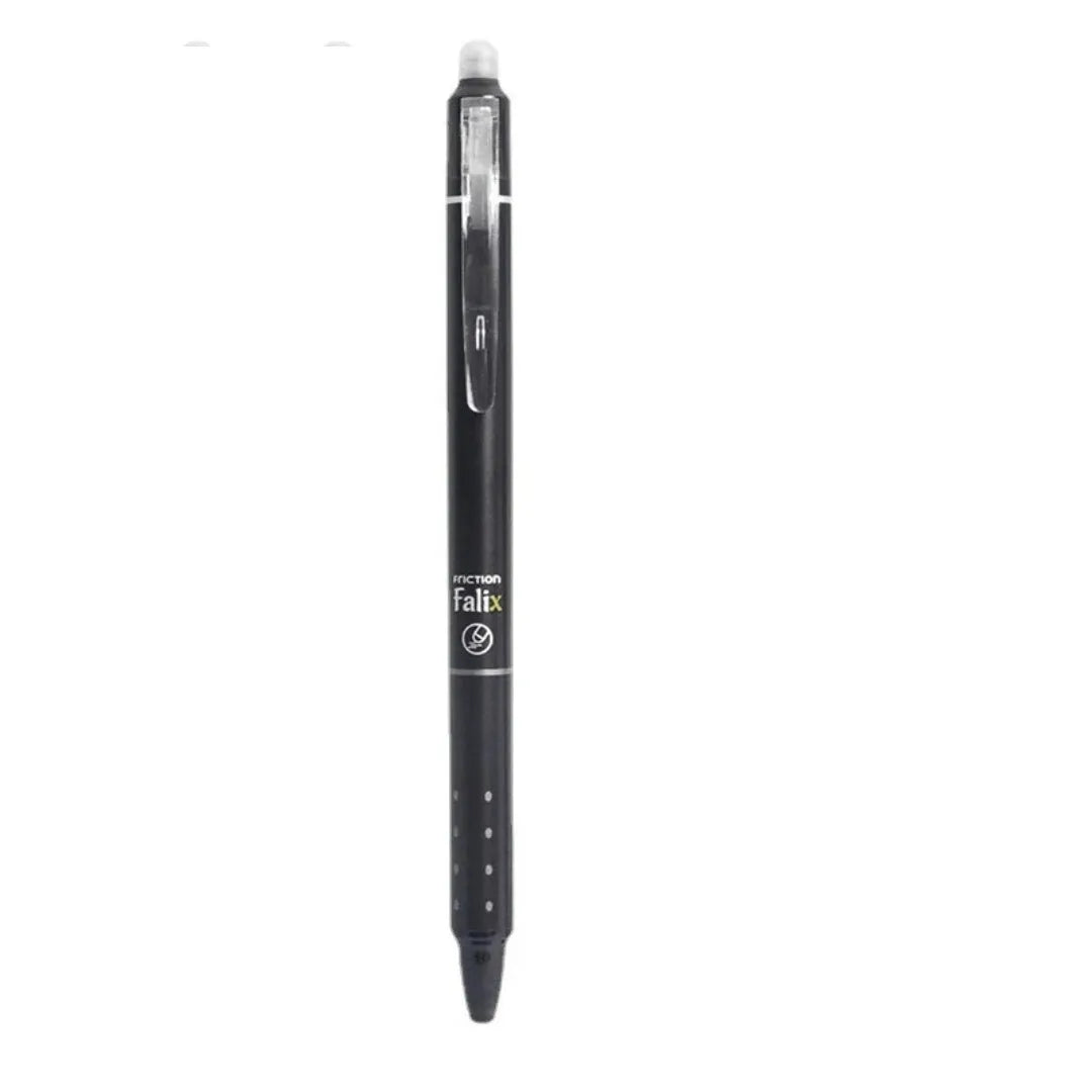 Blue and black hot erasable push gel pen with 0.5mm stainless steel nib for school students.