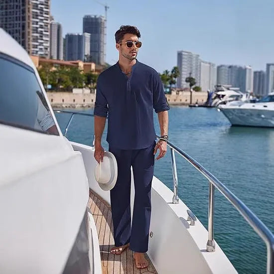 Men's cotton casual suit in solid colour with long sleeves and trousers for leisure wear