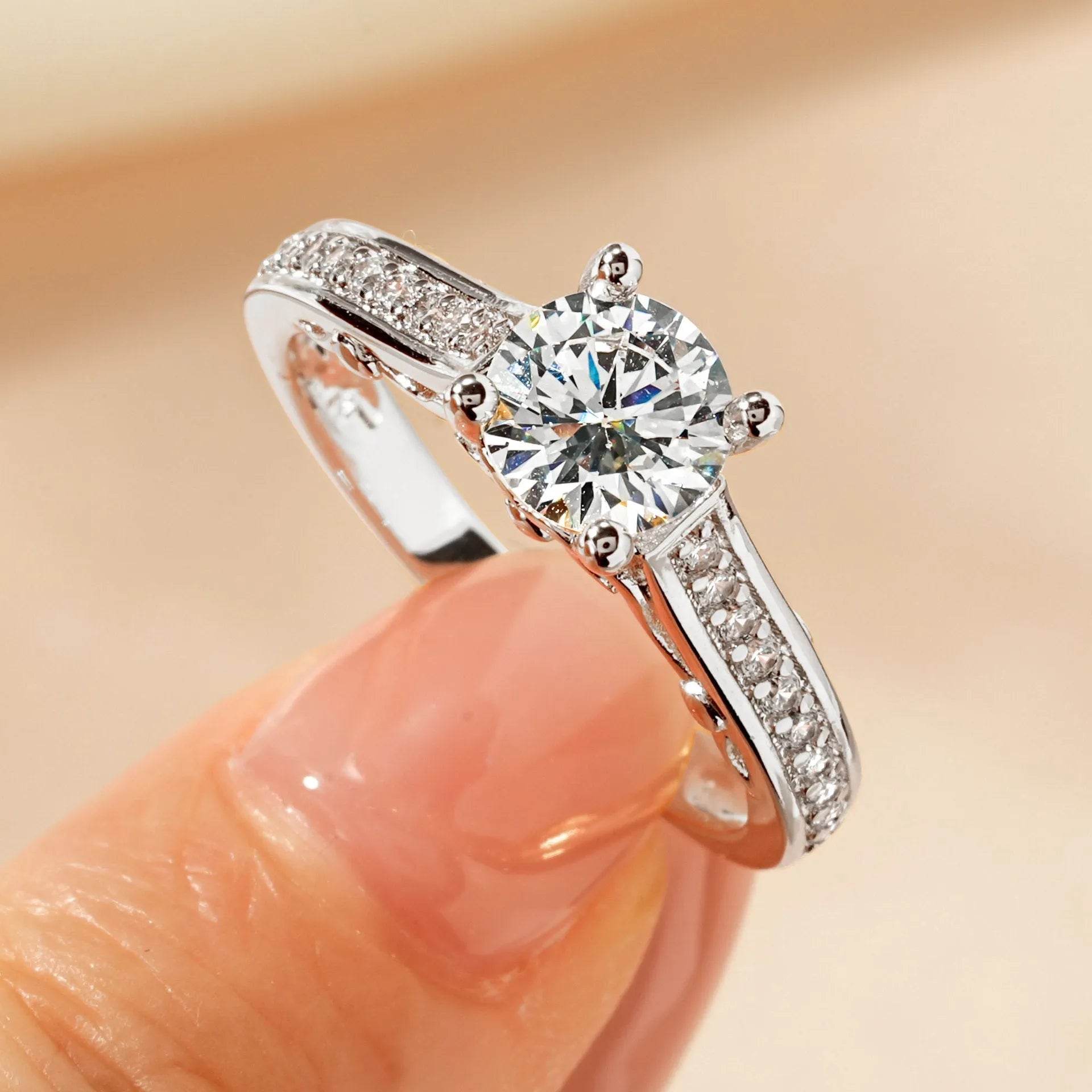 Women's electroplated copper zircon ring in K White or K Yellow with geometric design
