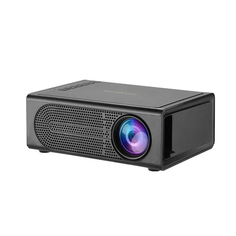 Black and white portable mini projector with wired connection for mobile phone screen mirroring.