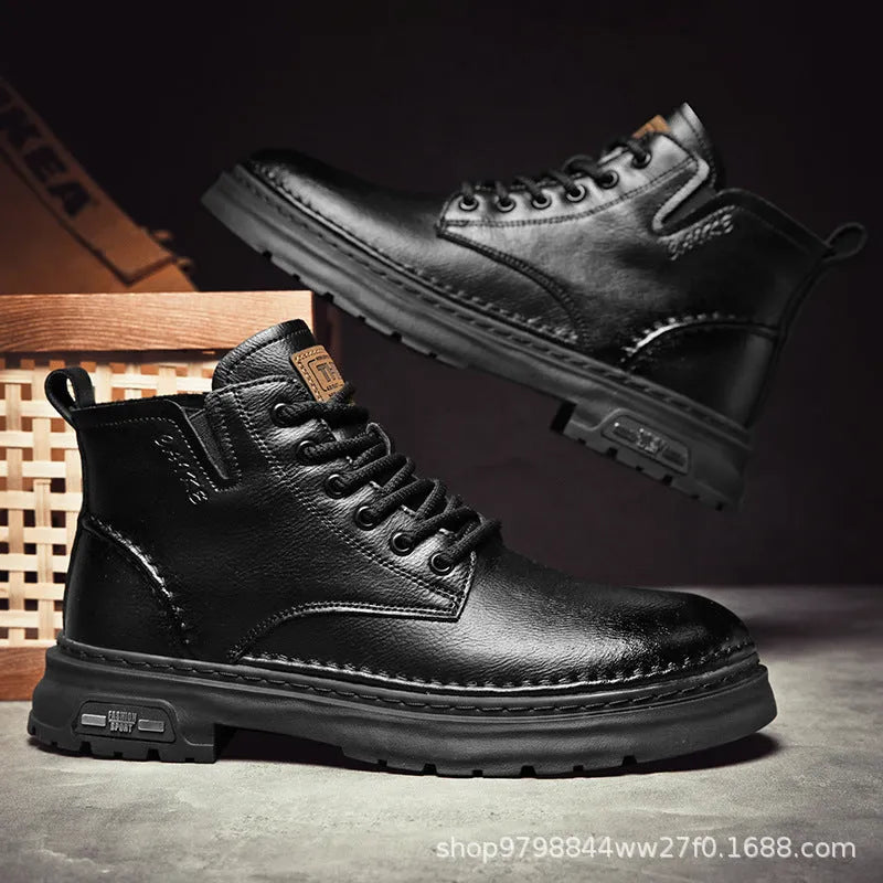 Men's mid-calf Martin boots with chunky rubber sole, leather lining and front lace-up, in black or brown