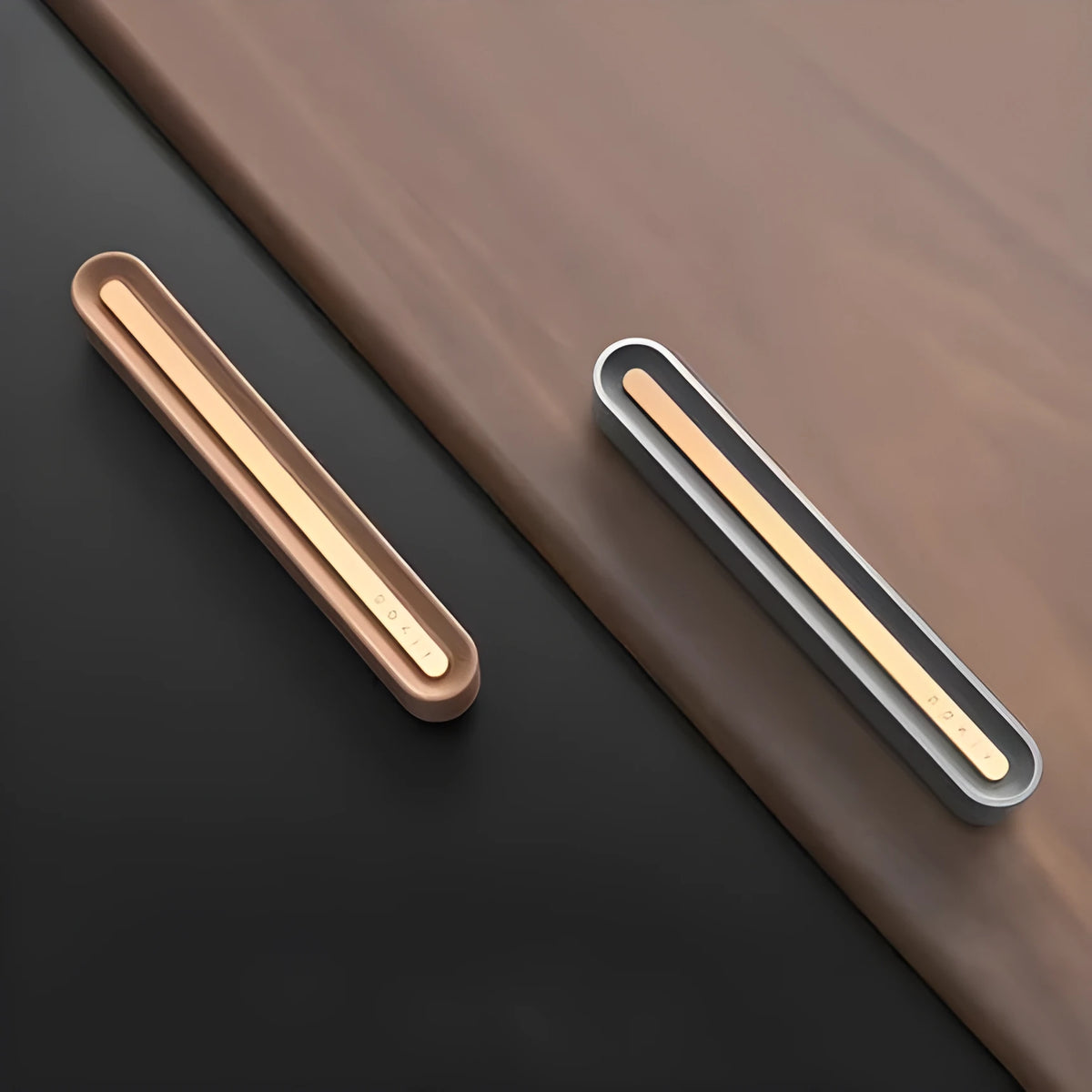 Long strip car aromatherapy ornament in walnut colour, shown clipped to a car air vent.