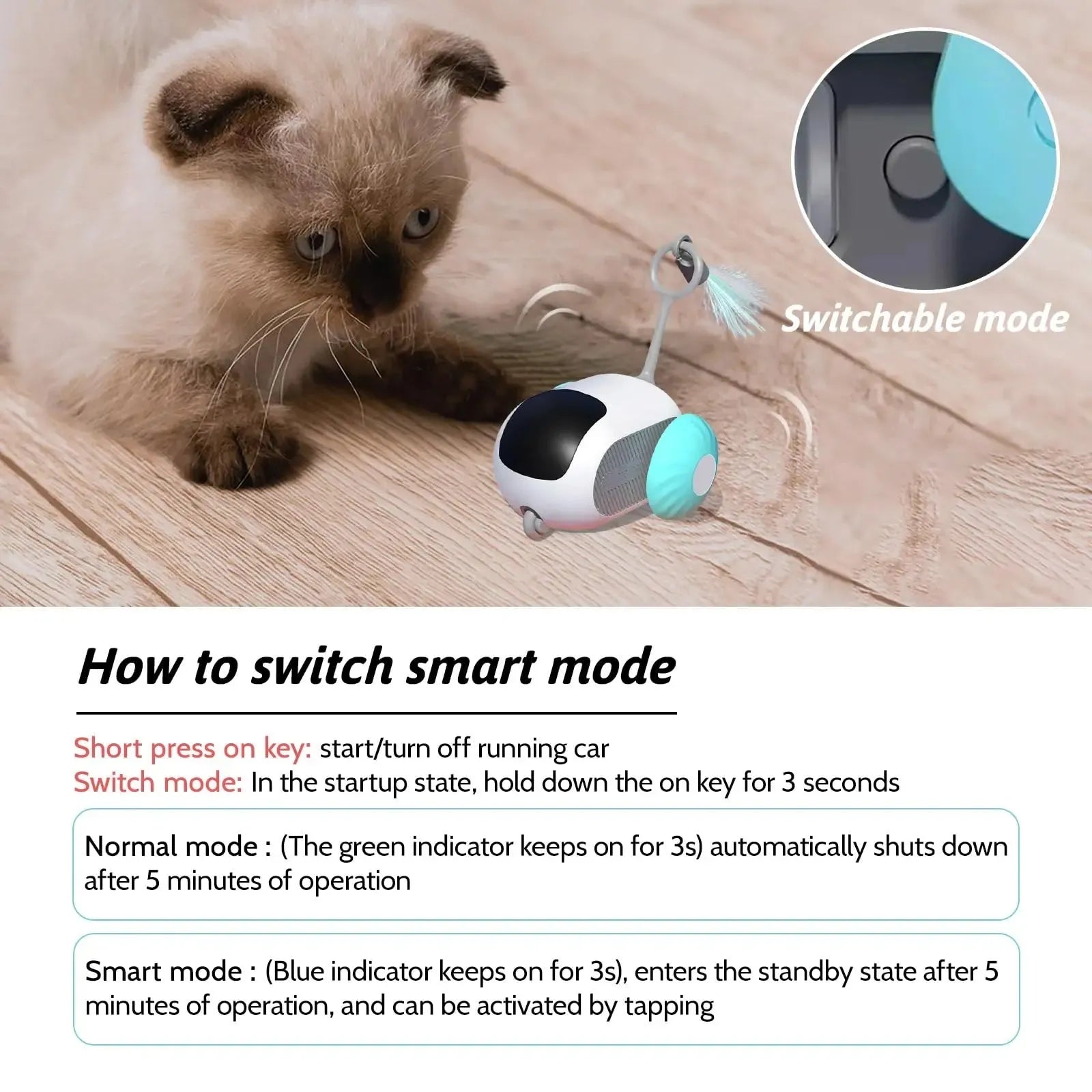Blue remote-controlled cat toy car with feather attachment on orange background