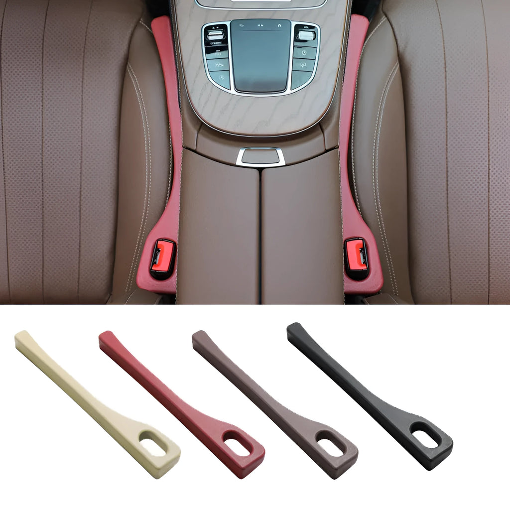 Polyurethane car seat gap filler strip in black, shown next to a vehicle centre console.