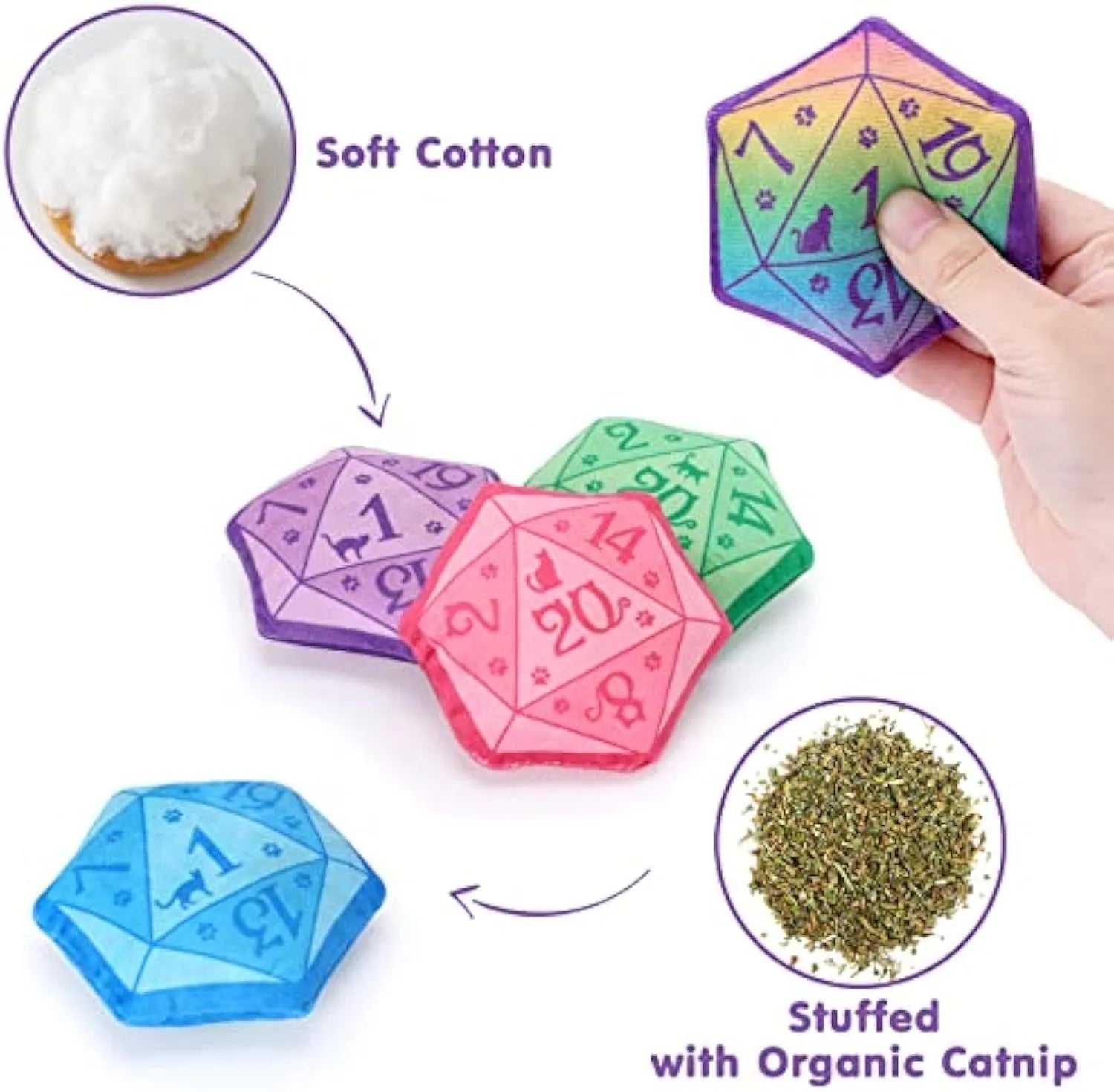 Blue dice-shaped catnip toy with organic catmint filling for interactive feline play