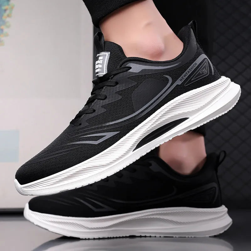Men's low-top casual shoes in woven mesh with a rubber sole, shown in solid colours.