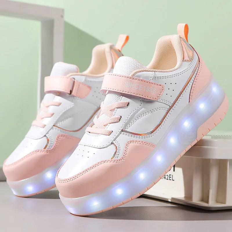 Boys and girls charging LED roller skates in multiple colours with light-up wheels