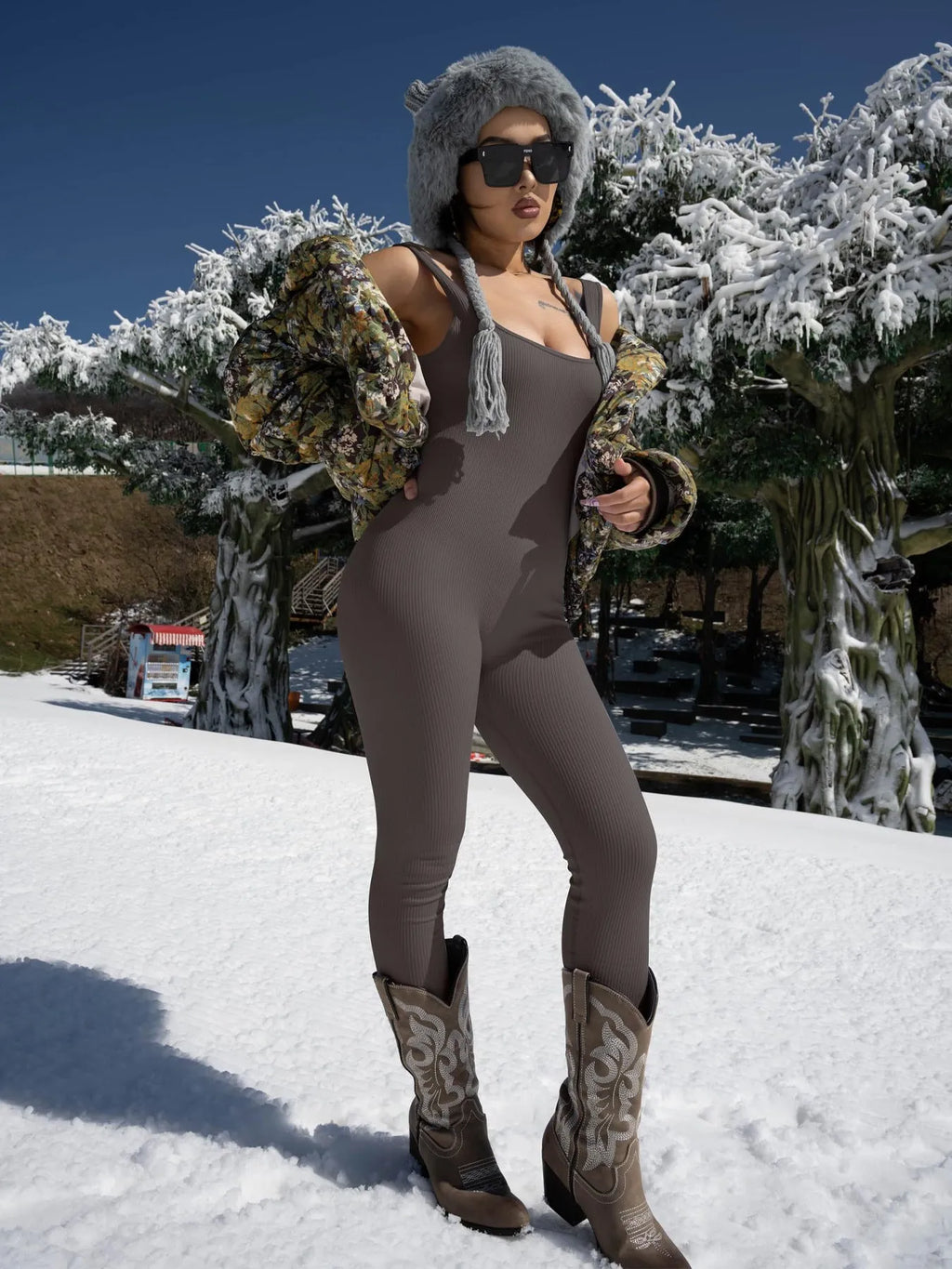 Women's suspender tank top tights in stretch spandex with adjustable waist strap and button details
