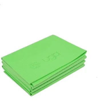 Foldable PVC yoga mat in blue, green, pink, or purple, 4mm or 5mm thick, folded for storage and travel