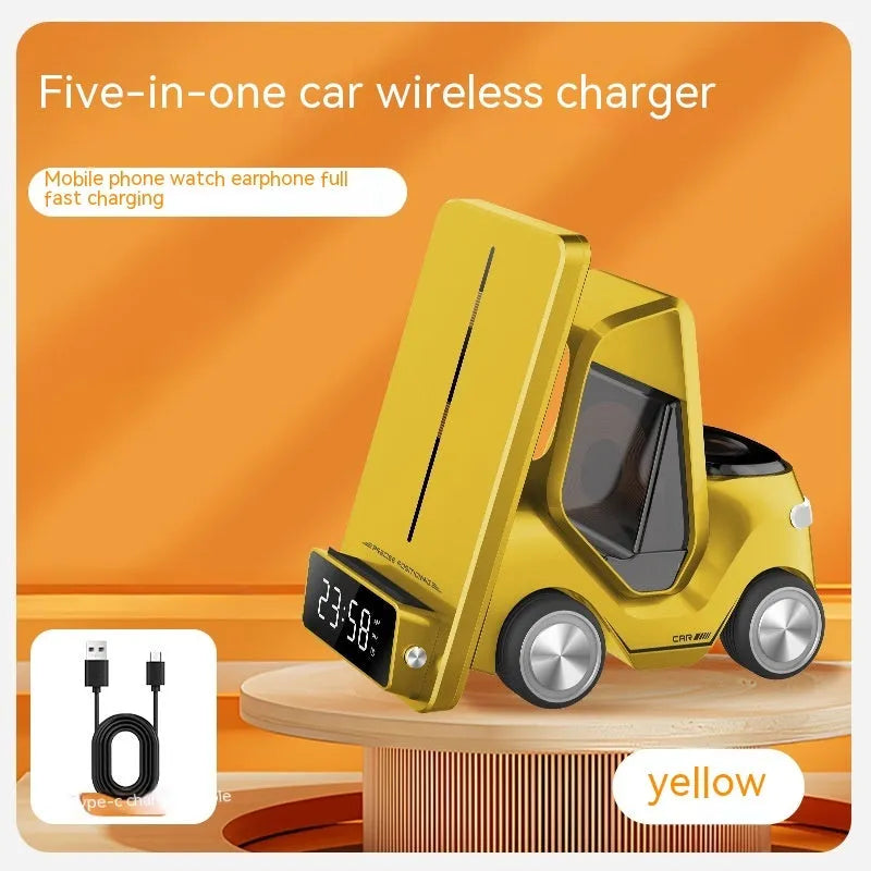 Grey 15W wireless fast charging phone stand bracket on a wooden desk.