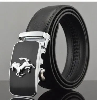 Men's black leather belt with automatic buckle showing cowhide texture and decorative pattern options