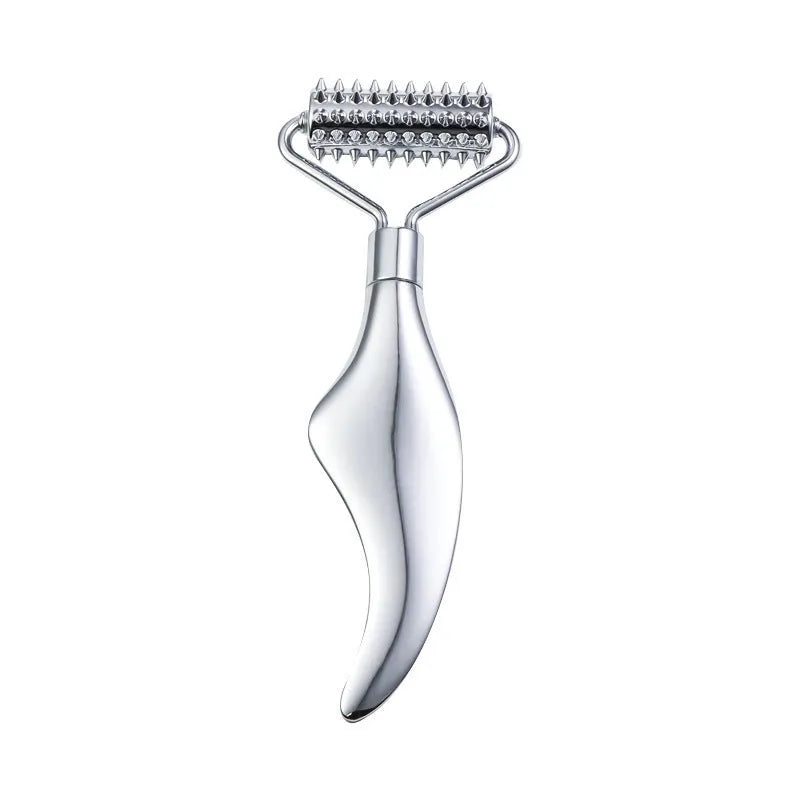 Stainless steel facial massage board with double-head roller, scraping plate, and heart-shaped eye poking stick