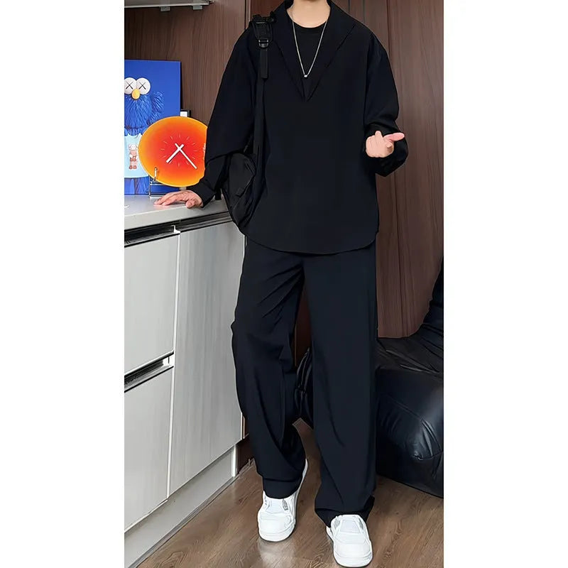 Men's black slim fit polo shirt and trousers two-piece suit in hemp fabric