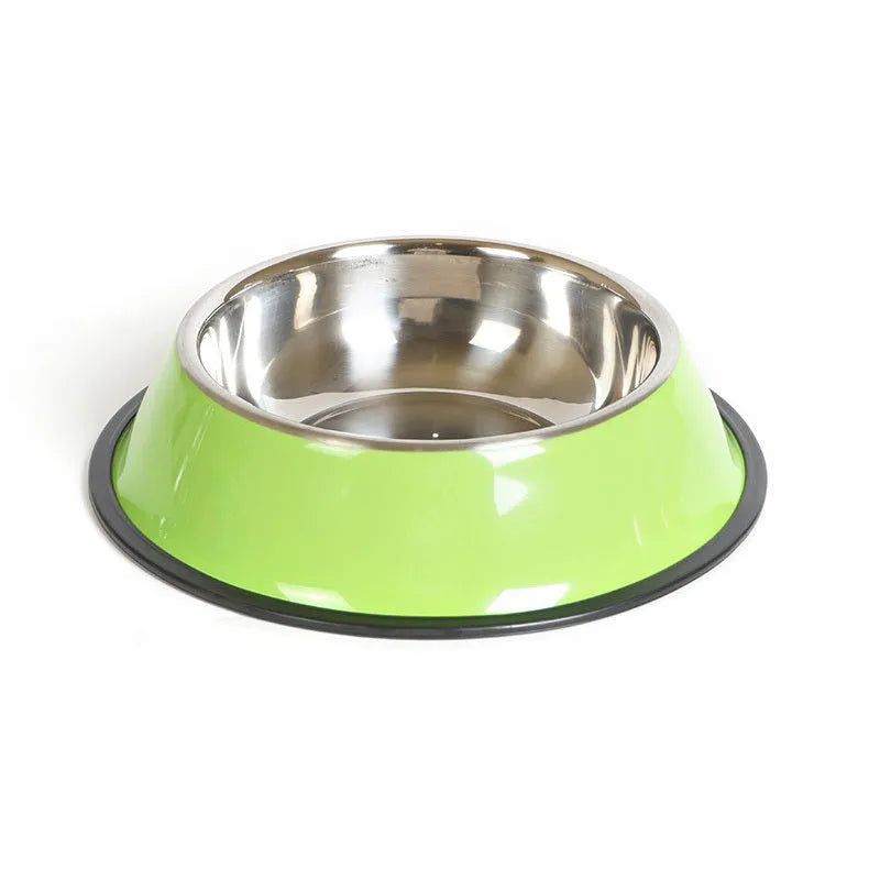 Stainless steel pet bowl with colourful melamine exterior and non-slip rubber ring base