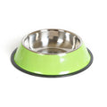 Stainless steel pet bowl with colourful melamine exterior and non-slip rubber ring base
