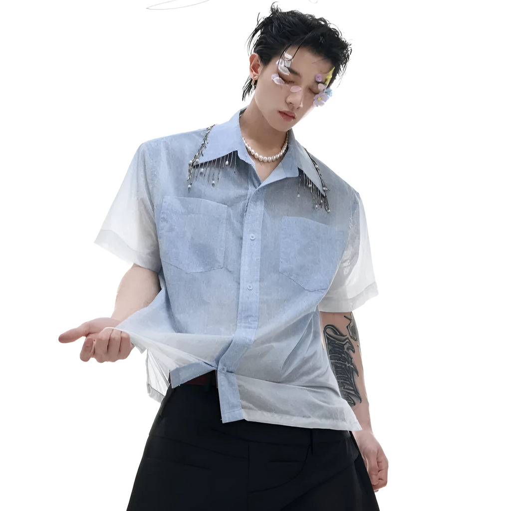 Blue gradient half-sleeve casual summer shirt with loose fit on hanger