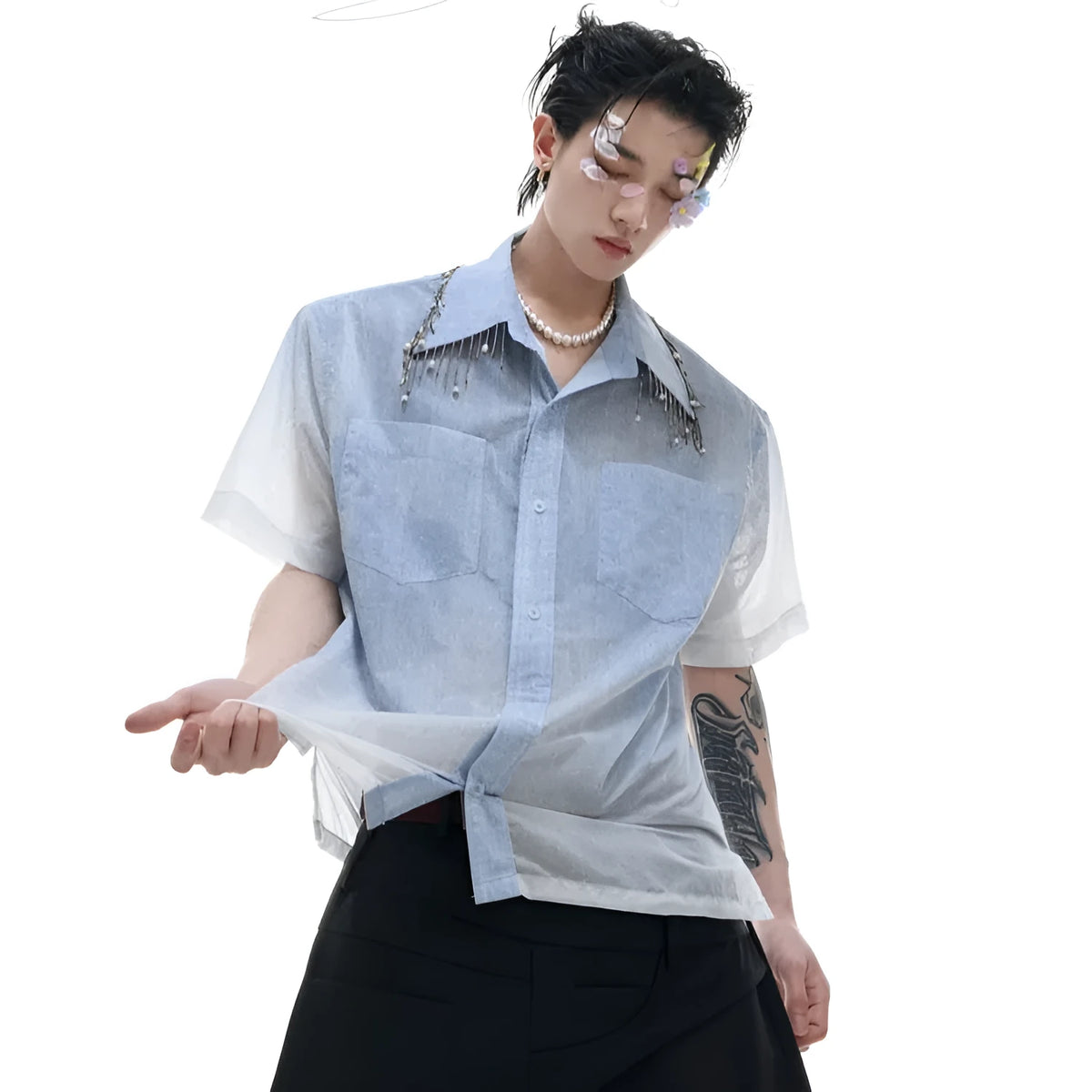 Blue gradient half-sleeve casual summer shirt with loose fit on hanger