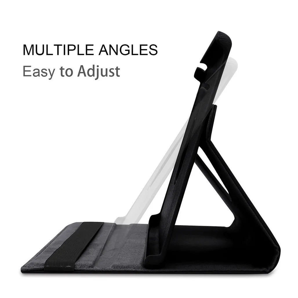 iPad rotating protective sleeve in imitation leather, showing clamshell design in solid colour options like black, blue, or pink.