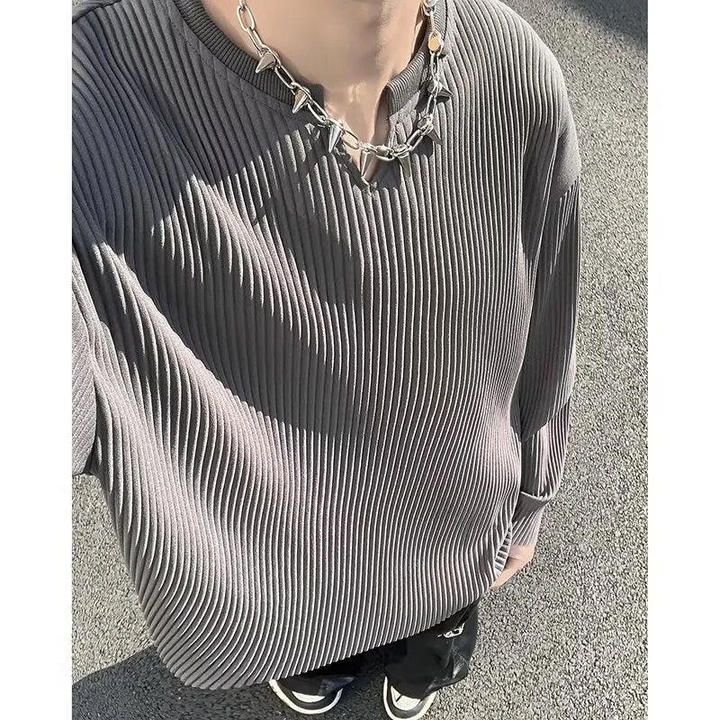Plus size women's striped texture pullover top with long sleeves in loose fit
