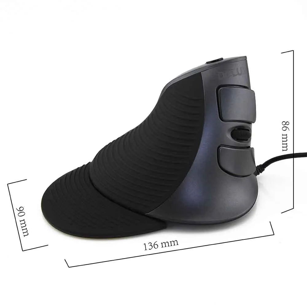Ergonomic vertical optical mouse in black and white colours with wired USB connection