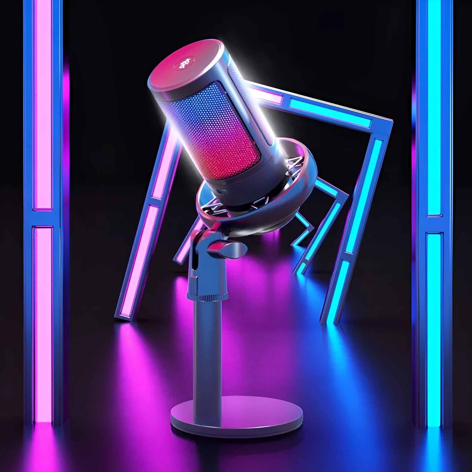 USB condenser microphone with colourful LED lighting effects on a cantilever stand
