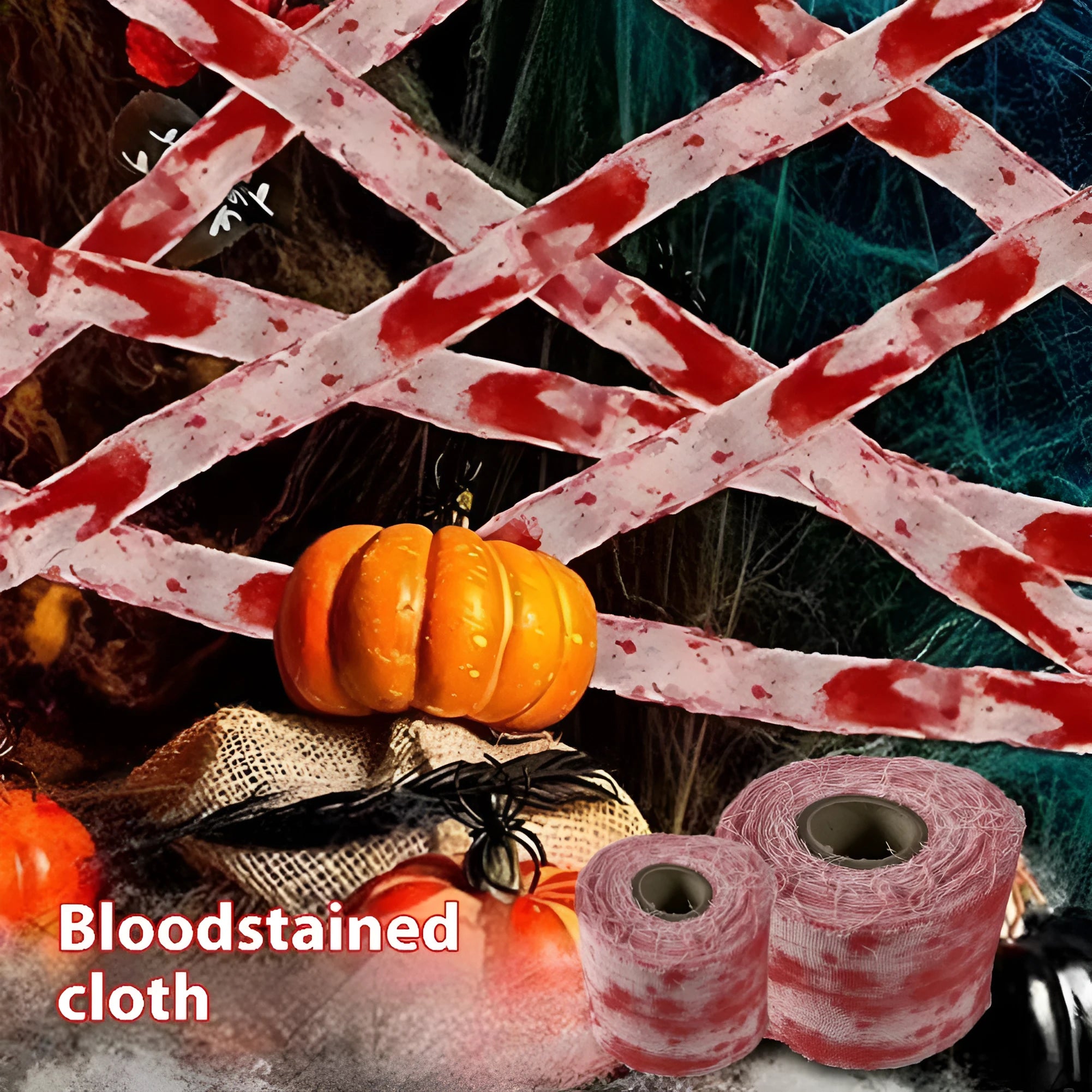 Red and white polyester Halloween horror bandage showing 8cm width and rolled length