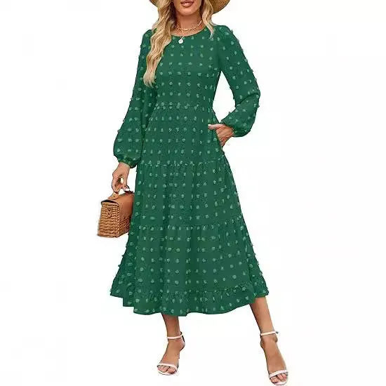 Women's long sleeve high waist casual dress in solid colour with ruffled sleeves.