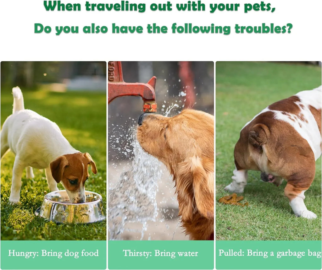 Green 3-in-1 pet water bottle with food container and garbage bag dispenser for dog walking
