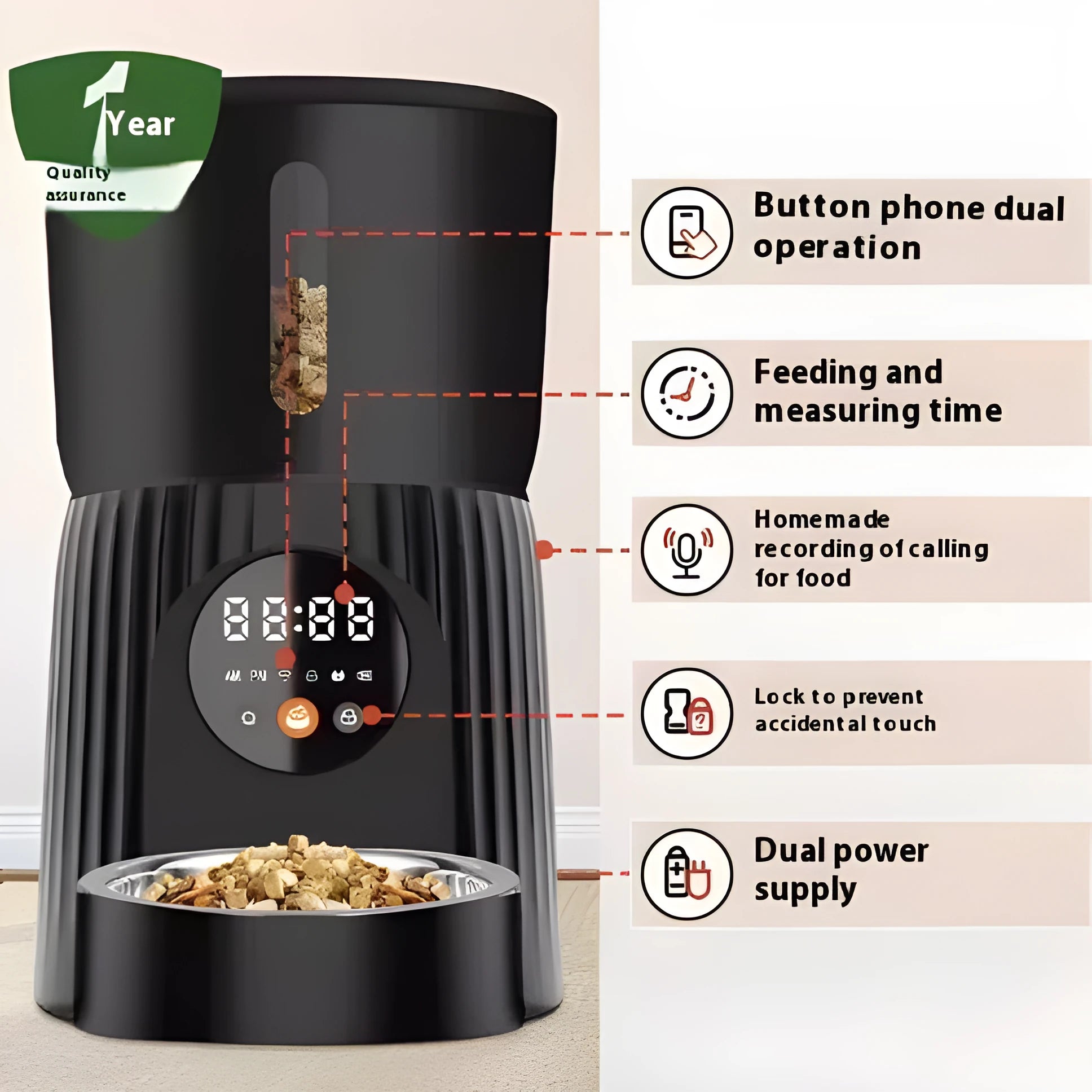 Black intelligent pet feeder with automatic timing and USB power connection for remote feeding