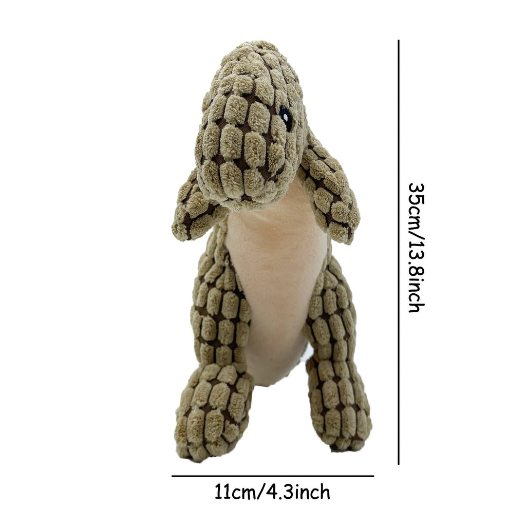 Set of four grey, green, and orange dog toys with sound features for chewing and training