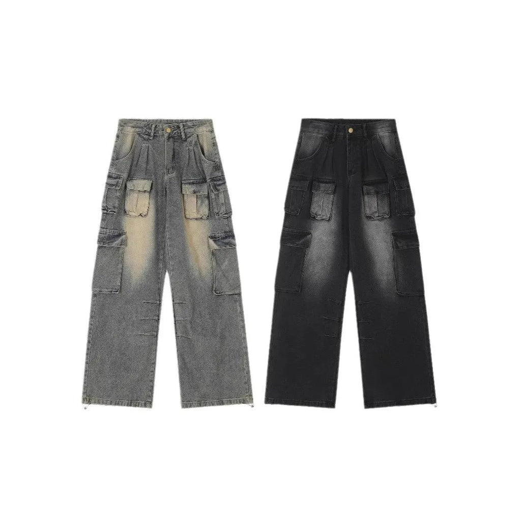Light blue distressed denim pants with multiple pockets and straight leg loose fit