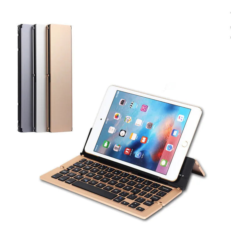 F18 three-fold folding wireless keyboard in aluminum alloy and ABS plastic, 58 keys, 22.6cm wide, Bluetooth, rechargeable.