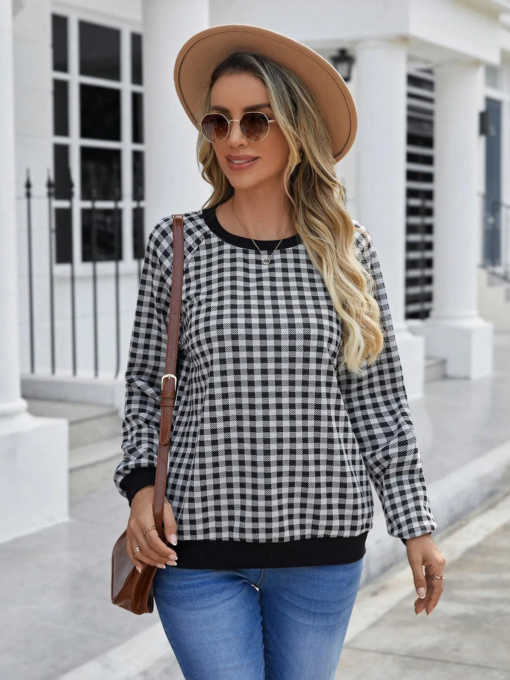 Black plaid pattern long sleeve pullover sweater with printing detail
